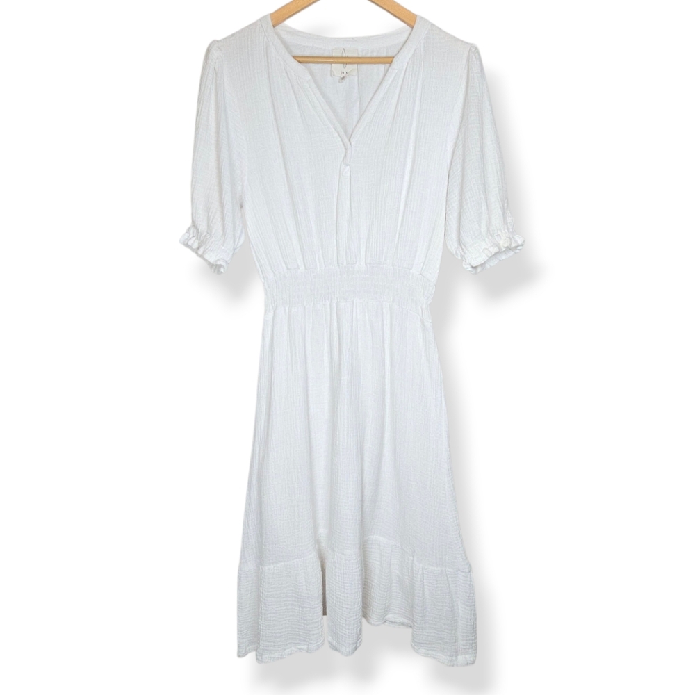 Joie Women's Gauzy Cotton Dress V-Neck Short Sleeve White Cottagecore Coastal M